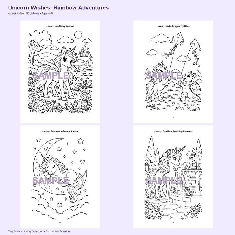 Puede incluir: Un libro para colorear titulado Unicorn Wishes, Rainbow Adventures con cuatro p&aacute;ginas de arte lineal en blanco y negro. Las escenas incluyen un unicornio en un prado, un unicornio y un drag&oacute;n volando cometas, un unicornio en una luna creciente y un unicornio junto a una fuente.