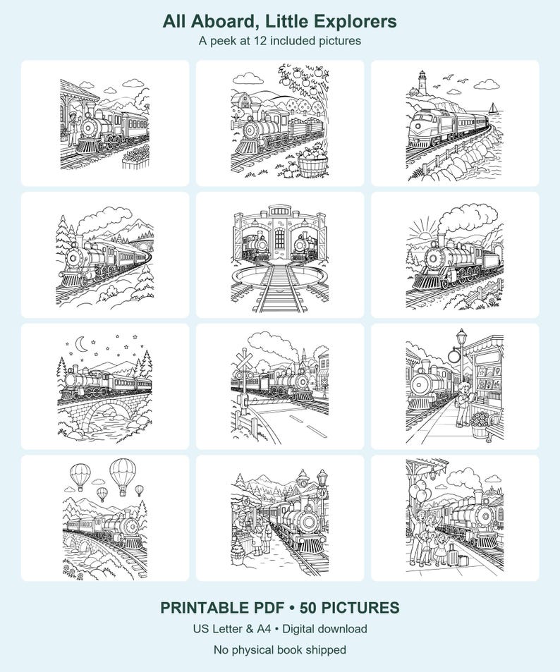 Trains, Trucks & Builders Coloring Bundle | 150 Printable Pages | 3 Books | Letter and A4 PDF image 5
