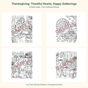 May include: Four black and white colouring pages titled Thanksgiving: Thankful Hearts, Happy Gatherings. The illustrations feature scenes of a family, a turkey, and pets celebrating Thanksgiving with food, pumpkins, and festive indoor settings.