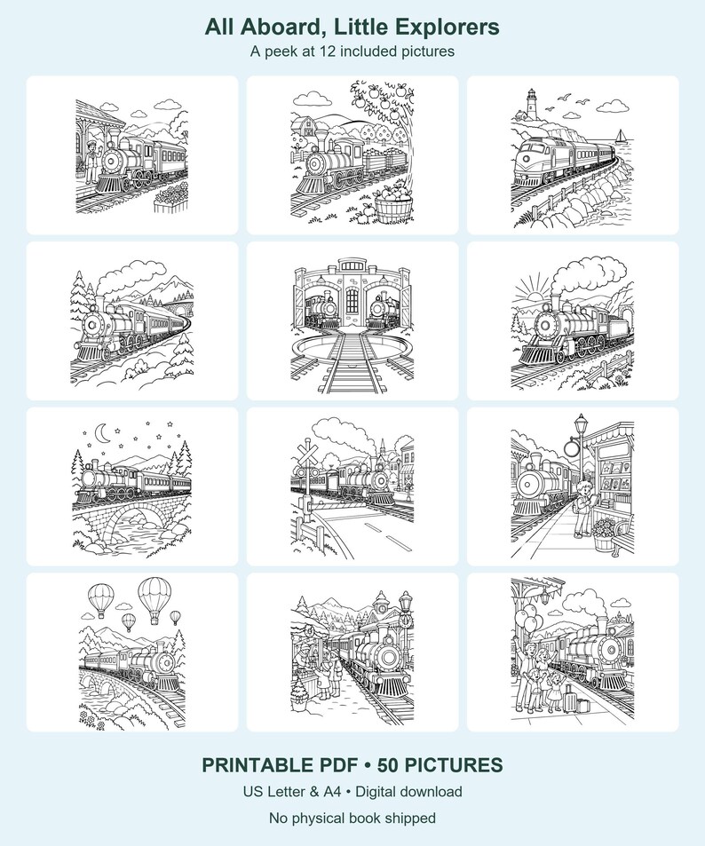 Dibujos para colorear de trenes para niños, 50 imágenes imprimibles - ¡Todos a bordo, pequeños exploradores! - PDF tamaño carta y A4 imagen 5