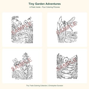 K&ouml;nnte beinhalten: Vier schwarz-wei&szlig;e Ausmalbilder mit dem Titel Tiny Garden Adventures. Die Illustrationen zeigen zwei Entenk&uuml;ken auf einer Steinbr&uuml;cke, eine Libelle an Schilfkolben, eine Biene an Fingerhutblumen und ein Entenk&uuml;ken auf Trittsteinen.