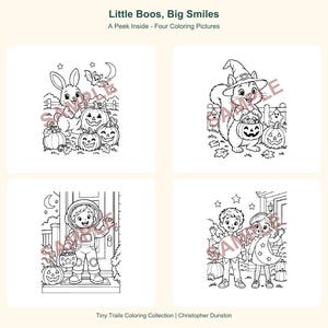 May include: Four black and white coloring pages titled Little Boos, Big Smiles. The images feature a rabbit with pumpkins, a squirrel in a witch hat, a child in an astronaut costume, and two children in costumes, all with a sample watermark.