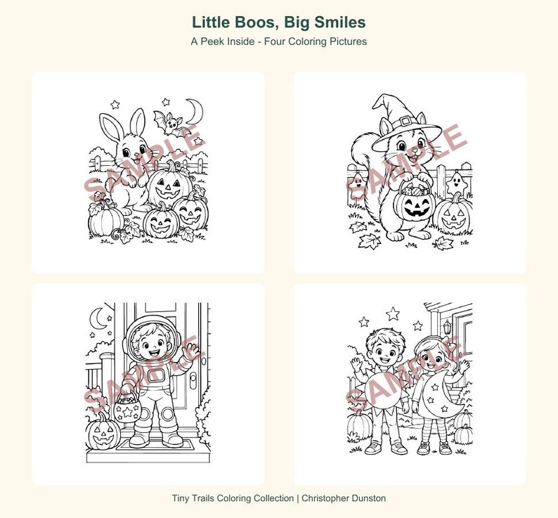 May include: Four black and white coloring pages titled Little Boos, Big Smiles. The images feature a rabbit with pumpkins, a squirrel in a witch hat, a child in an astronaut costume, and two children in costumes, all with a sample watermark.