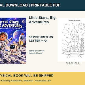 Peut inclure: Un livre de coloriage num&eacute;rique intitul&eacute; Little Stars, Big Adventures avec une couverture sur le th&egrave;me de l'espace montrant un astronaute et un robot sur la lune, et une page d'exemple en noir et blanc repr&eacute;sentant une fus&eacute;e au d&eacute;collage.