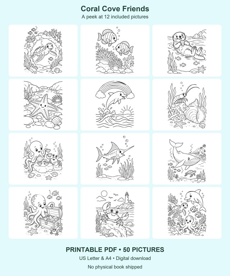 Garden, Ocean & Pets Coloring Bundle | 150 Printable Pages | 3 Books | Letter and A4 PDF image 6