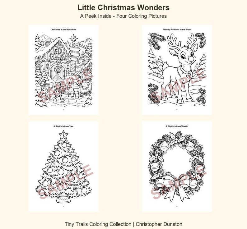 Pu&ograve; includere: Quattro pagine da colorare in bianco e nero intitolate Little Christmas Wonders. Le pagine presentano disegni al tratto di una scena del Polo Nord, una renna, un albero di Natale decorato e una ghirlanda. Ogni pagina include un titolo.