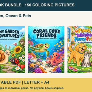 May include: A 3-book bundle of 150 coloring pictures featuring Garden, Ocean & Pets themes. The covers are titled Tiny Garden Adventures, Coral Cove Friends, and Paws, Whiskers, Happy Friends. This is a printable PDF in Letter and A4 sizes.