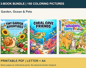May include: A 3-book bundle of 150 coloring pictures featuring Garden, Ocean & Pets themes. The covers are titled Tiny Garden Adventures, Coral Cove Friends, and Paws, Whiskers, Happy Friends. This is a printable PDF in Letter and A4 sizes.
