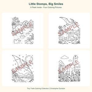 Op de afbeelding: Vier zwart-wit kleurplaten met de titel Little Stomps, Big Smiles. De illustraties tonen diverse dinosaurussen in prehistorische landschappen, waaronder een vliegende pterodactylus, een langnekkige sauropode en vulkanische sc&egrave;nes.