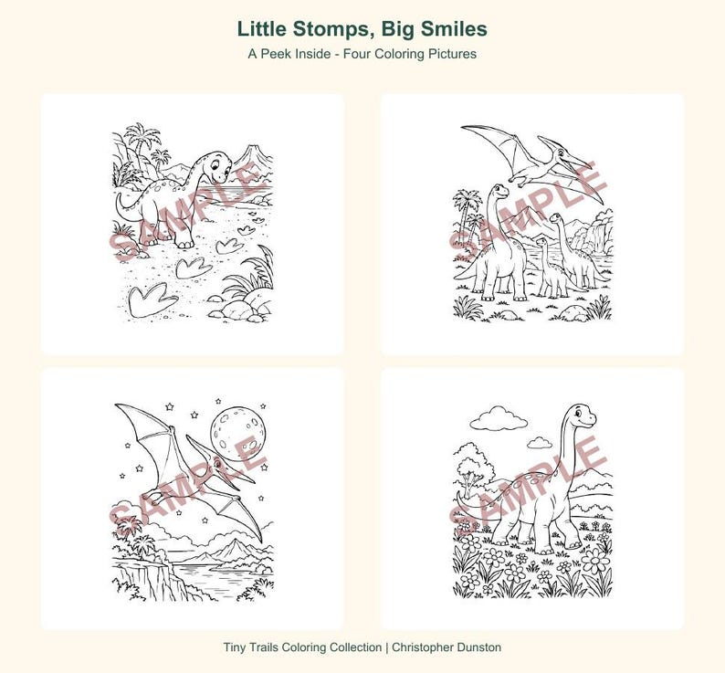 Op de afbeelding: Vier zwart-wit kleurplaten met de titel Little Stomps, Big Smiles. De illustraties tonen diverse dinosaurussen in prehistorische landschappen, waaronder een vliegende pterodactylus, een langnekkige sauropode en vulkanische sc&egrave;nes.