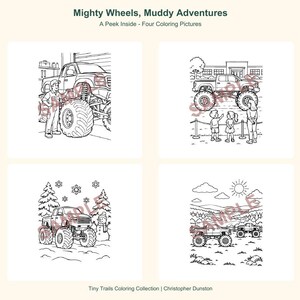 Puede incluir: Un conjunto de p&aacute;ginas para colorear titulado Mighty Wheels, Muddy Adventures, A Peek Inside - Four Coloring Pictures. Presenta cuatro ilustraciones en blanco y negro de camiones monstruo en varios entornos, incluyendo un garaje, una exhibici&oacute;n, una escena nevada y un campo.