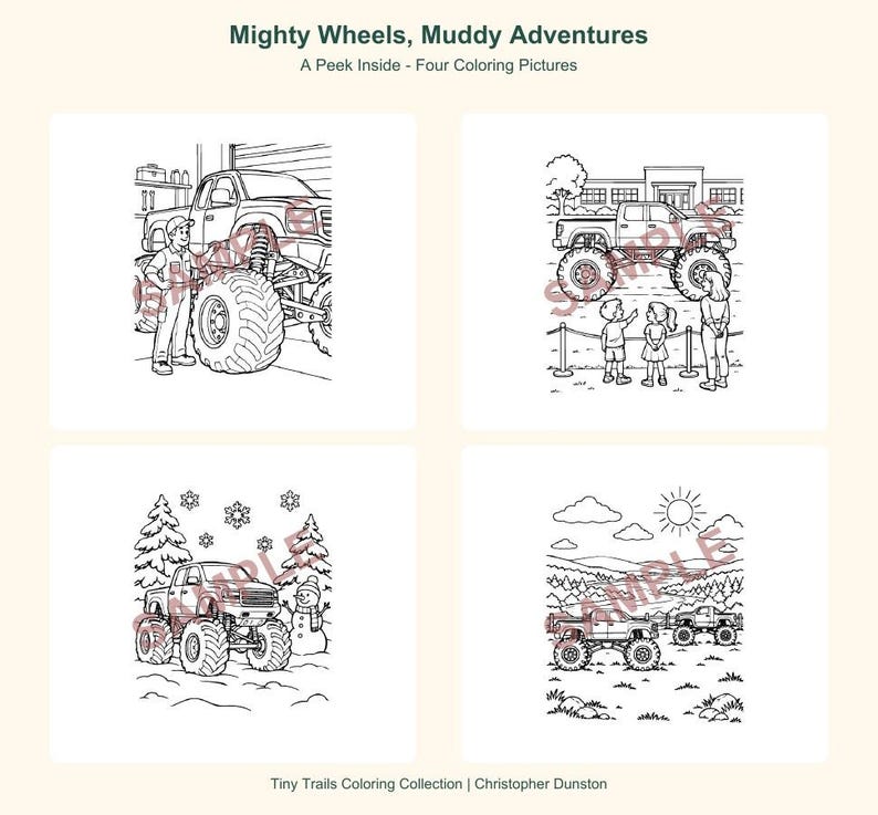 Puede incluir: Un conjunto de p&aacute;ginas para colorear titulado Mighty Wheels, Muddy Adventures, A Peek Inside - Four Coloring Pictures. Presenta cuatro ilustraciones en blanco y negro de camiones monstruo en varios entornos, incluyendo un garaje, una exhibici&oacute;n, una escena nevada y un campo.