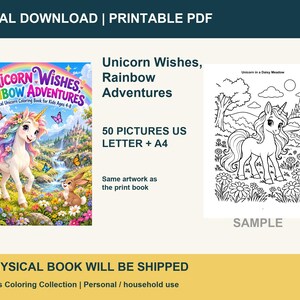 May include: A digital coloring book titled Unicorn Wishes, Rainbow Adventures featuring 50 pictures in US Letter and A4 formats. The cover displays a white unicorn with a rainbow mane, butterflies, and a rabbit in a meadow with a castle.