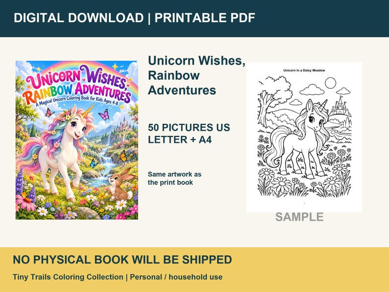 Puede incluir: Un libro de colorear digital titulado Unicorn Wishes, Rainbow Adventures con 50 im&aacute;genes en formatos US Letter y A4. La portada muestra un unicornio blanco con crines arco&iacute;ris, mariposas y un conejo en un prado con un castillo.