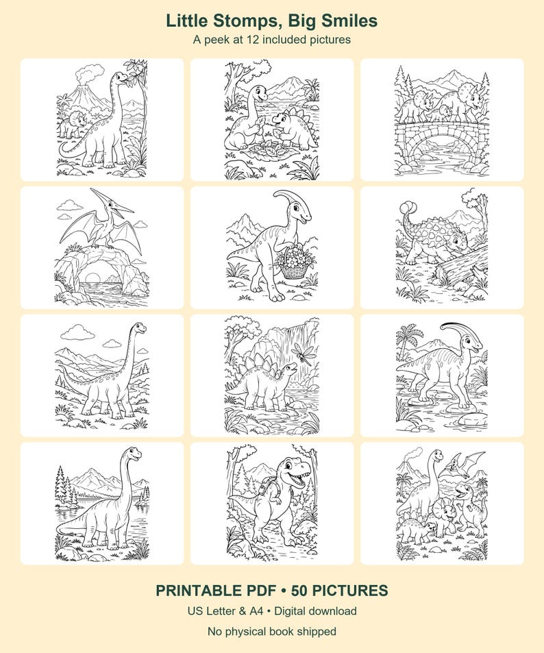Dinosaurus kleurplaten voor kinderen, 50 printbare afbeeldingen - Kleine stampers, grote glimlachen - PDF in letter- en A4-formaat afbeelding 5