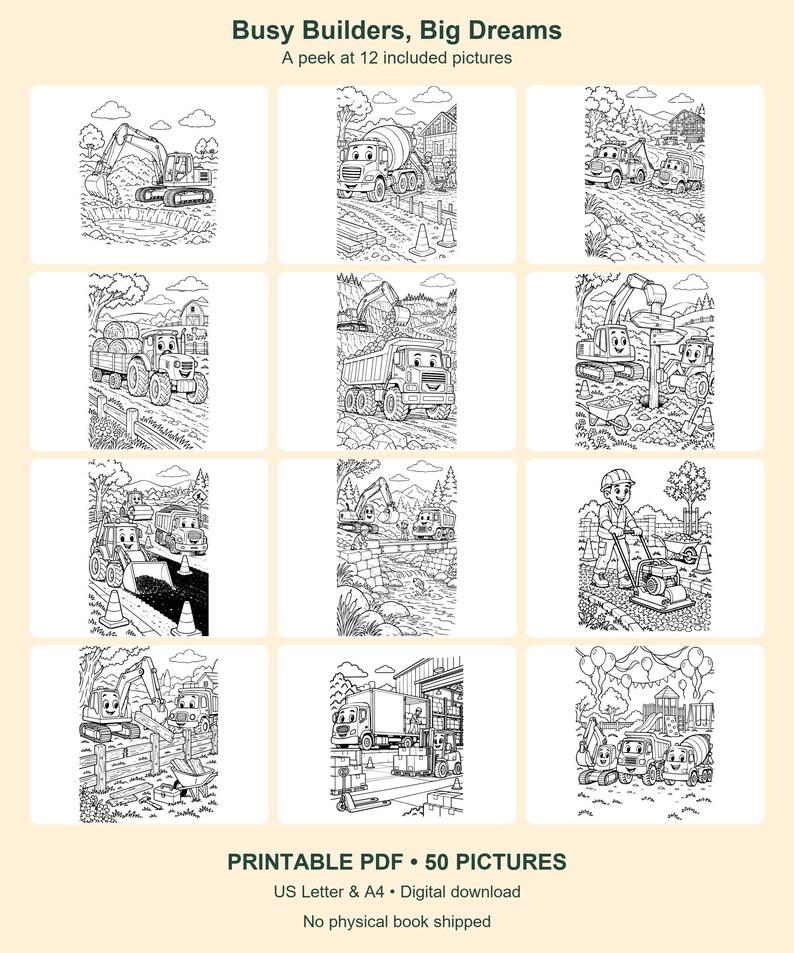 Trains, Trucks & Builders Coloring Bundle | 150 Printable Pages | 3 Books | Letter and A4 PDF image 7