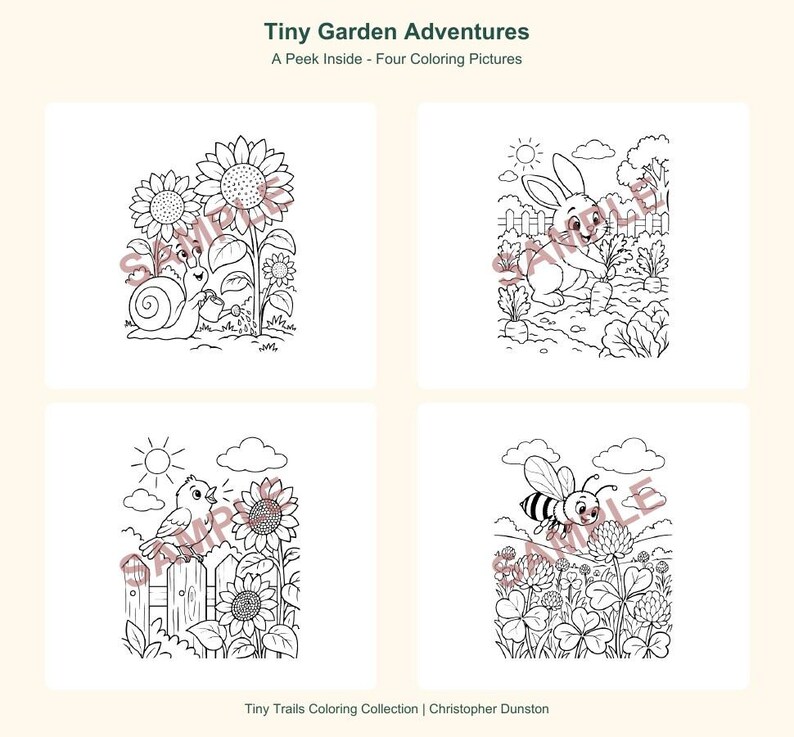 May include: Four black and white coloring pages titled Tiny Garden Adventures: A Peek Inside - Four Coloring Pictures. The illustrations feature a snail with sunflowers, a rabbit with a carrot, a bird on a fence, and a bee in a clover field.