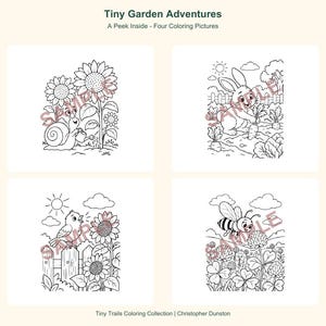 K&ouml;nnte beinhalten: Vier schwarz-wei&szlig;e Ausmalbilder mit dem Titel Tiny Garden Adventures. Die Illustrationen zeigen eine Schnecke, die Sonnenblumen gie&szlig;t, einen Hasen, der eine Karotte zieht, einen Vogel auf einem Zaun bei Sonnenblumen und eine Biene &uuml;ber Klee.