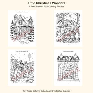 Pu&ograve; includere: Un libro da colorare intitolato Little Christmas Wonders con quattro illustrazioni in bianco e nero: una casa decorata per Natale, la Nativit&agrave; a Betlemme, i Re Magi che seguono una stella e un accogliente camino natalizio.