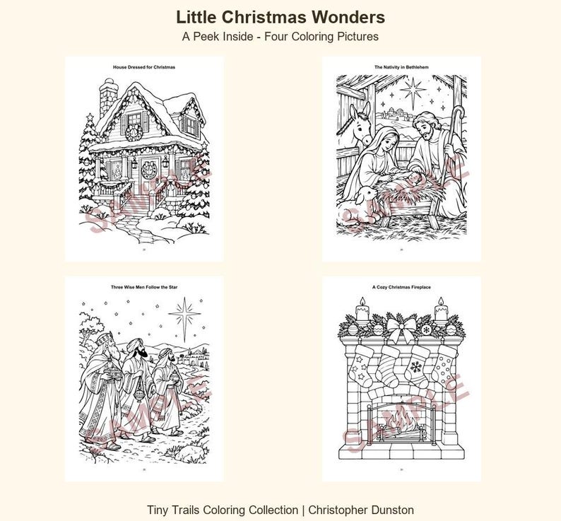 Pu&ograve; includere: Un libro da colorare intitolato Little Christmas Wonders con quattro illustrazioni in bianco e nero: una casa decorata per Natale, la Nativit&agrave; a Betlemme, i Re Magi che seguono una stella e un accogliente camino natalizio.