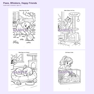 May include: A coloring book titled Paws, Whiskers, Happy Friends featuring four black and white line art pages. Illustrations include a puppy playing with a ball, a kitten on a cat tree, a kitten napping on a cushion, and a child feeding a turtle.
