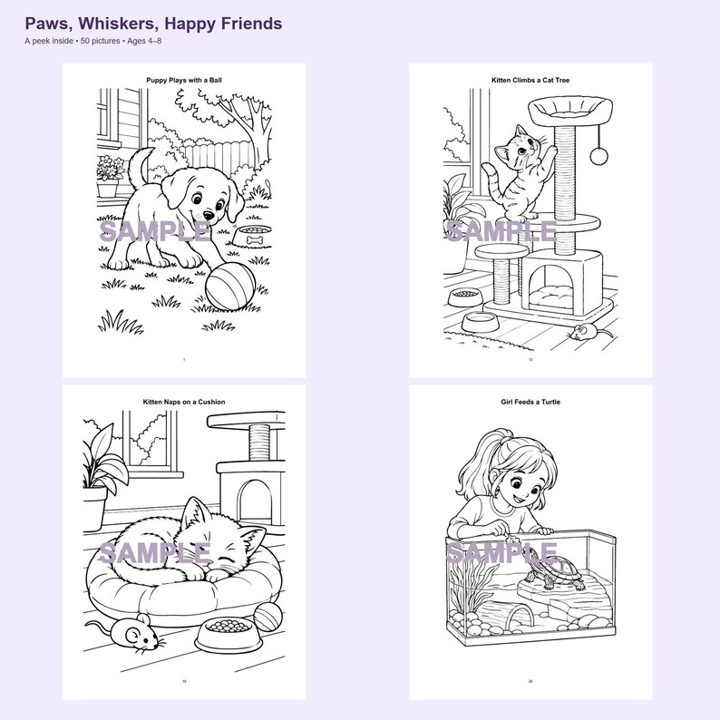 May include: A coloring book titled Paws, Whiskers, Happy Friends featuring four black and white line art pages. Illustrations include a puppy playing with a ball, a kitten on a cat tree, a kitten napping on a cushion, and a child feeding a turtle.