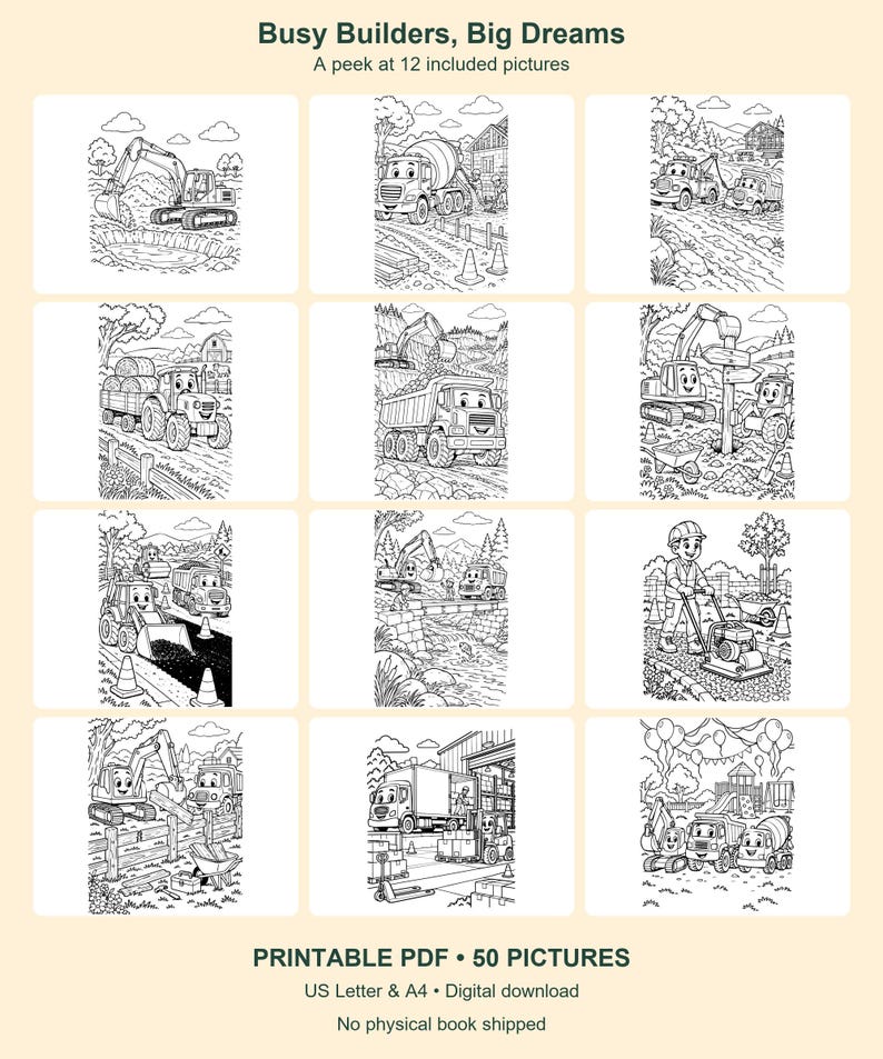 Construction Coloring Pages for Kids, 50 Printable Pictures - Busy Builders, Big Dreams - Letter & A4 PDF image 5