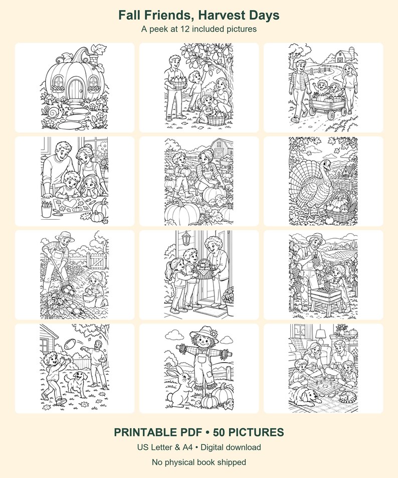 Fall Harvest Coloring Pages for Kids, 50 Printable Pictures - Fall Friends, Harvest Days - Letter & A4 PDF image 5