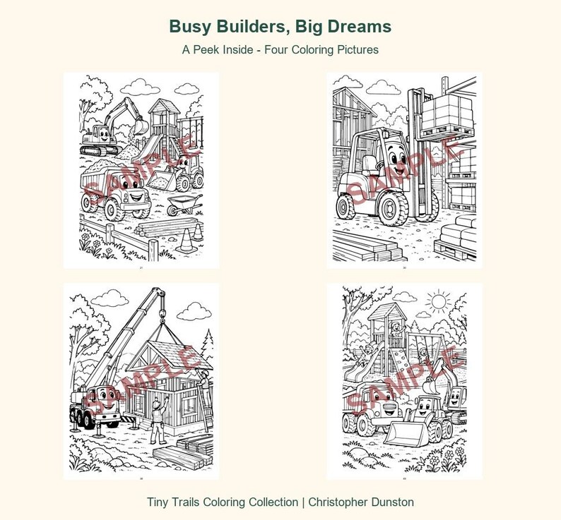 May include: Four black and white coloring pages titled Busy Builders, Big Dreams. The illustrations feature anthropomorphic construction vehicles like excavators, dump trucks, and forklifts at work sites, with the text Tiny Trails Coloring Collection.