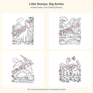 Op de afbeelding: Vier zwart-wit kleurplaten getiteld Little Stomps, Big Smiles: A Peek Inside - Four Coloring Pictures. De pagina's bevatten lijntekeningen van dinosaurussen in verschillende landschappen, elk met een rood diagonaal SAMPLE-watermerk.