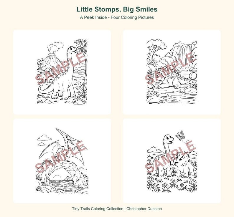 Op de afbeelding: Vier zwart-wit kleurplaten getiteld Little Stomps, Big Smiles: A Peek Inside - Four Coloring Pictures. De pagina's bevatten lijntekeningen van dinosaurussen in verschillende landschappen, elk met een rood diagonaal SAMPLE-watermerk.