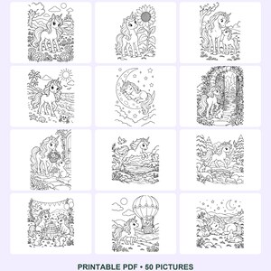 Dibujos para colorear de unicornios para niños, 50 imágenes imprimibles - Deseos de unicornio, aventuras arcoíris - PDF tamaño carta y A4 imagen 5