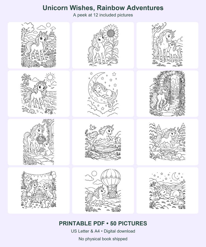 Dibujos para colorear de unicornios para niños, 50 imágenes imprimibles - Deseos de unicornio, aventuras arcoíris - PDF tamaño carta y A4 imagen 5