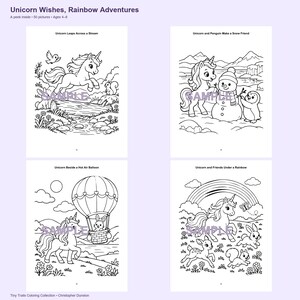 Puede incluir: Un libro para colorear titulado Unicorn Wishes, Rainbow Adventures que presenta cuatro p&aacute;ginas de arte lineal en blanco y negro. Las escenas incluyen un unicornio saltando sobre un arroyo, construyendo un mu&ntilde;eco de nieve con un ping&uuml;ino, junto a un globo aerost&aacute;tico y bajo un arco&iacute;ris.