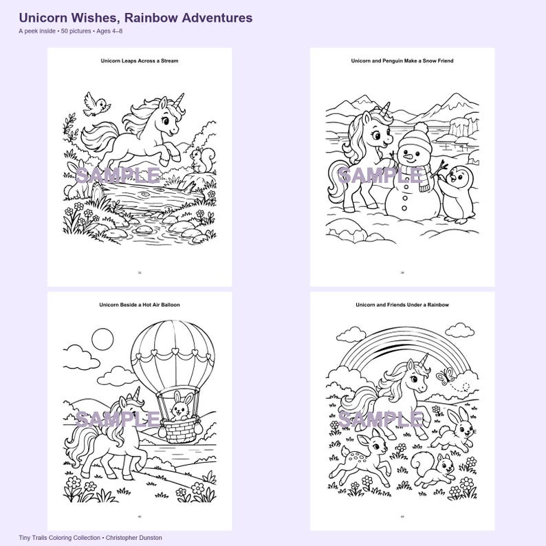 Puede incluir: Un libro para colorear titulado Unicorn Wishes, Rainbow Adventures que presenta cuatro p&aacute;ginas de arte lineal en blanco y negro. Las escenas incluyen un unicornio saltando sobre un arroyo, construyendo un mu&ntilde;eco de nieve con un ping&uuml;ino, junto a un globo aerost&aacute;tico y bajo un arco&iacute;ris.