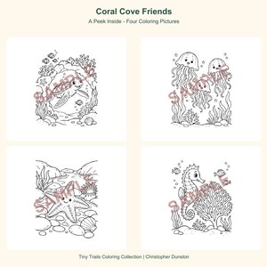 K&ouml;nnte beinhalten: Vier schwarz-wei&szlig;e Ausmalbilder mit dem Titel Coral Cove Friends: A Peek Inside - Four Coloring Pictures. Die Illustrationen zeigen eine Meeresschildkr&ouml;te, drei Quallen, einen Seestern und ein Seepferdchen in Unterwasserszenen.