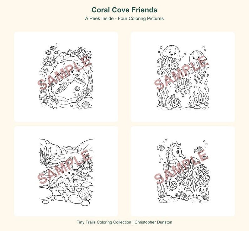 K&ouml;nnte beinhalten: Vier schwarz-wei&szlig;e Ausmalbilder mit dem Titel Coral Cove Friends: A Peek Inside - Four Coloring Pictures. Die Illustrationen zeigen eine Meeresschildkr&ouml;te, drei Quallen, einen Seestern und ein Seepferdchen in Unterwasserszenen.