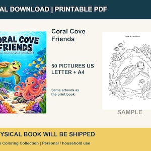 K&ouml;nnte beinhalten: Ein digitales Malbuch mit dem Titel Coral Cove Friends, das eine Unterwasserszene mit einer gr&uuml;nen Meeresschildkr&ouml;te, einem orangefarbenen Oktopus, buntem Korallenriff und Fischen zeigt. Enth&auml;lt 50 Bilder in US Letter und A4 mit einer Beispielseite.