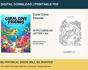 May include: A digital coloring book titled Coral Cove Friends featuring an ocean scene with a green sea turtle, an orange octopus, colorful coral, and fish. Includes 50 pictures in US Letter and A4 sizes with a black and white sample page.