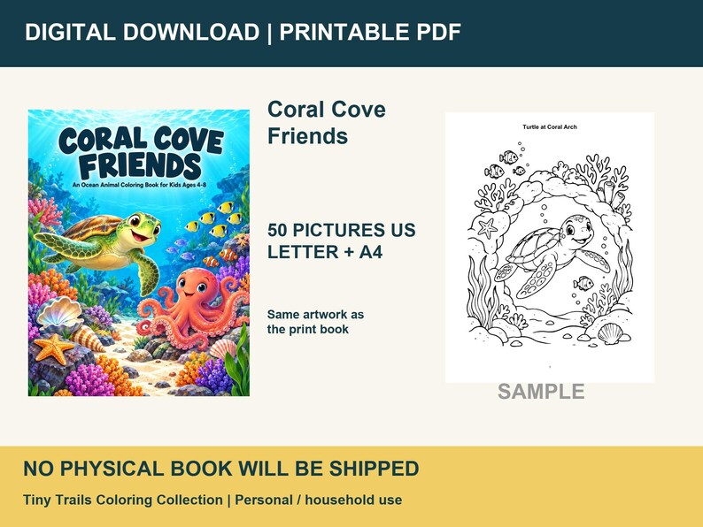 K&ouml;nnte beinhalten: Ein digitales Malbuch mit dem Titel Coral Cove Friends, das eine Unterwasserszene mit einer gr&uuml;nen Meeresschildkr&ouml;te, einem orangefarbenen Oktopus, buntem Korallenriff und Fischen zeigt. Enth&auml;lt 50 Bilder in US Letter und A4 mit einer Beispielseite.