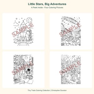 Peut inclure: Quatre pages de coloriage en noir et blanc intitul&eacute;es Little Stars, Big Adventures. Les illustrations montrent une fus&eacute;e, des enfants avec un chien observant une com&egrave;te, un astronaute avec un robot et des personnages spatiaux.