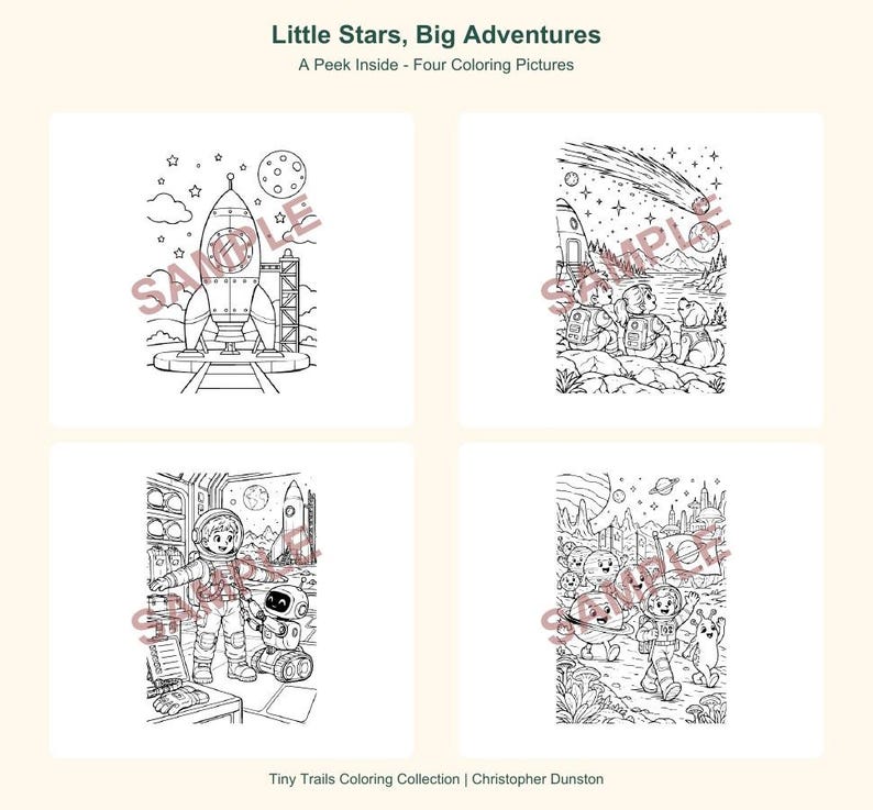 Peut inclure: Quatre pages de coloriage en noir et blanc intitul&eacute;es Little Stars, Big Adventures. Les illustrations montrent une fus&eacute;e, des enfants avec un chien observant une com&egrave;te, un astronaute avec un robot et des personnages spatiaux.