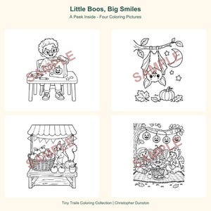 May include: Four black and white coloring pages titled Little Boos, Big Smiles. Images include a child crafting, a bat hanging from a branch, a squirrel at a market stall, and three children in costumes having a picnic under pumpkin lights.