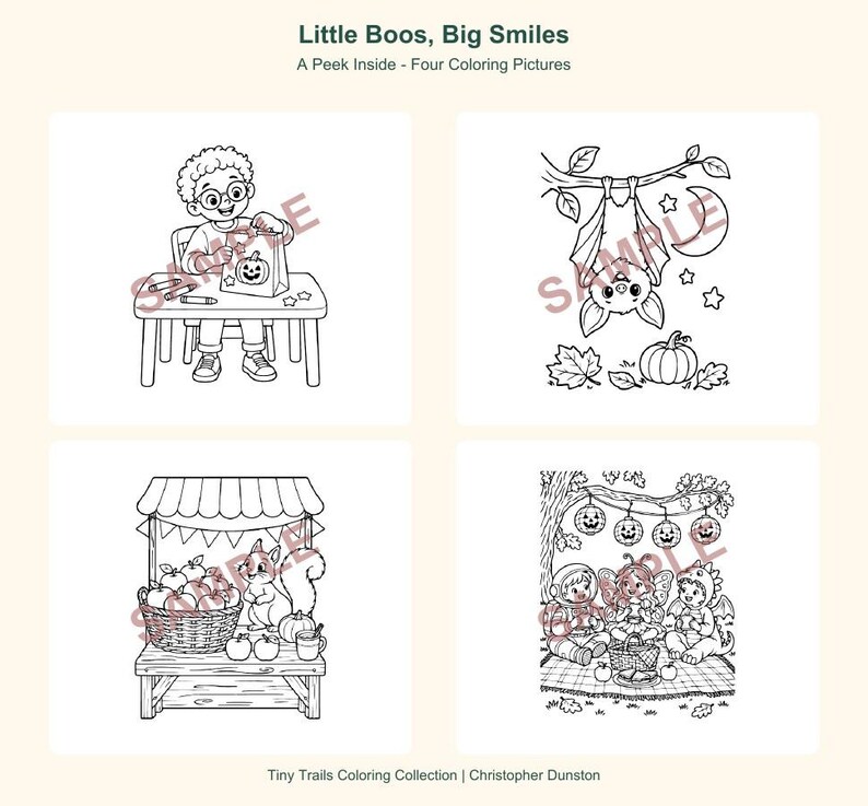 May include: Four black and white coloring pages titled Little Boos, Big Smiles. Images include a child crafting, a bat hanging from a branch, a squirrel at a market stall, and three children in costumes having a picnic under pumpkin lights.