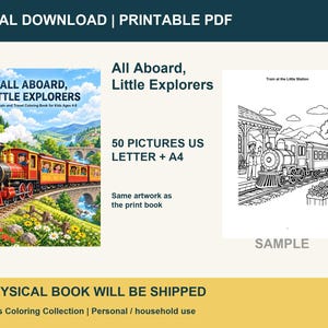 Puede incluir: Un libro de colorear digital titulado All Aboard, Little Explorers con una ilustraci&oacute;n colorida de un tren de vapor en la portada y una p&aacute;gina de muestra en blanco y negro de un tren en una estaci&oacute;n, etiquetado 50 im&aacute;genes US Letter y A4.