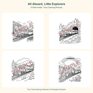 Puede incluir: Cuatro p&aacute;ginas para colorear en blanco y negro tituladas All Aboard, Little Explorers. Cada p&aacute;gina presenta una locomotora de vapor en diferentes entornos, incluyendo una estaci&oacute;n, un t&uacute;nel, un paisaje monta&ntilde;oso y un arco&iacute;ris.
