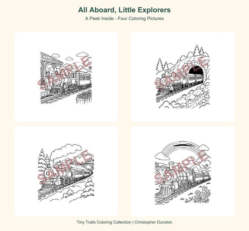 Puede incluir: Cuatro p&aacute;ginas para colorear en blanco y negro tituladas All Aboard, Little Explorers. Cada p&aacute;gina presenta una locomotora de vapor en diferentes entornos, incluyendo una estaci&oacute;n, un t&uacute;nel, un paisaje monta&ntilde;oso y un arco&iacute;ris.