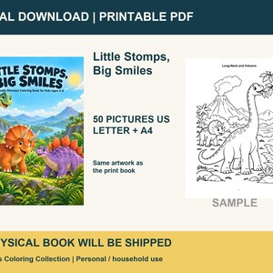 Op de afbeelding: Een digitaal kleurboek als downloadbare PDF met de titel Little Stomps, Big Smiles. Het bevat een kleurrijke omslag met drie dinosaurussen in een jungle en een zwart-wit voorbeeldpagina met een langnekdinosaurus en vulkaan.