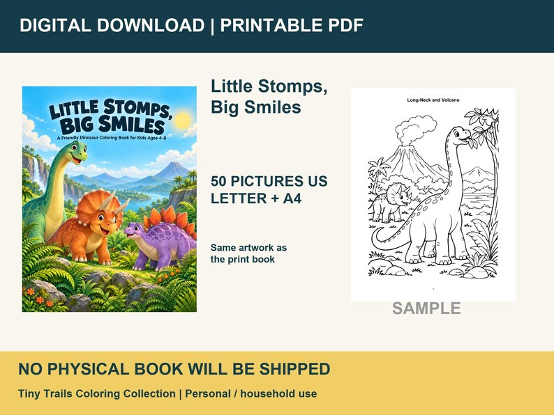 Op de afbeelding: Een digitaal kleurboek als downloadbare PDF met de titel Little Stomps, Big Smiles. Het bevat een kleurrijke omslag met drie dinosaurussen in een jungle en een zwart-wit voorbeeldpagina met een langnekdinosaurus en vulkaan.