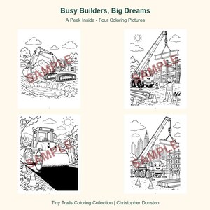 May include: Four black and white coloring pages titled Busy Builders, Big Dreams. The pages feature construction scenes with an excavator, a crane lifting a beam, a road roller, and a crane at a city site. Each page has a red SAMPLE watermark.